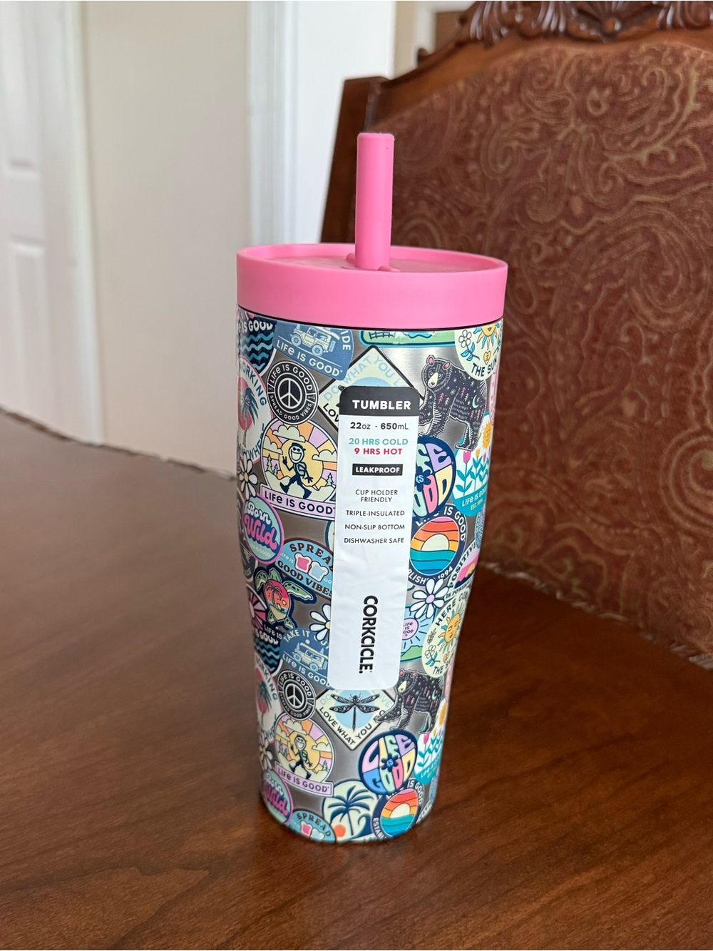 Corkcicle Sticker-Print Tumbler with Pink Lid and Straw